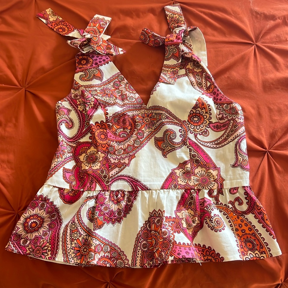 Express Pink Paisley Peplum Top With Bow Straps